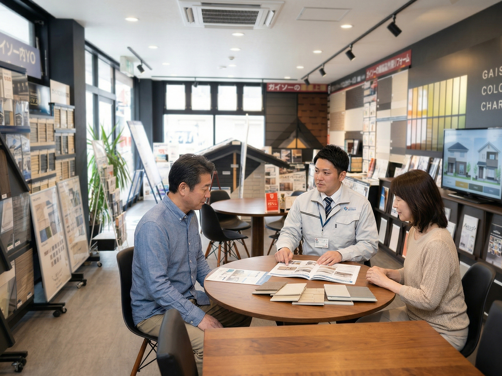 足立店でスタッフがお客様に外壁リフォームの相談内容を案内している様子