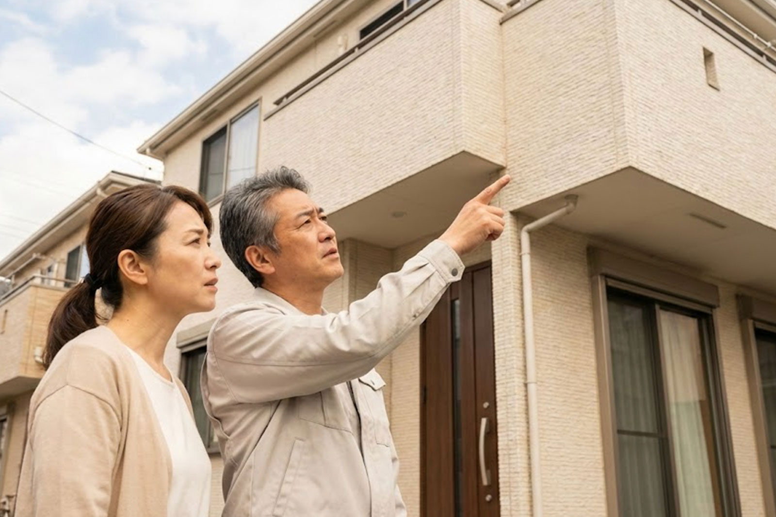 外壁を見上げて相談しているご夫婦の写真